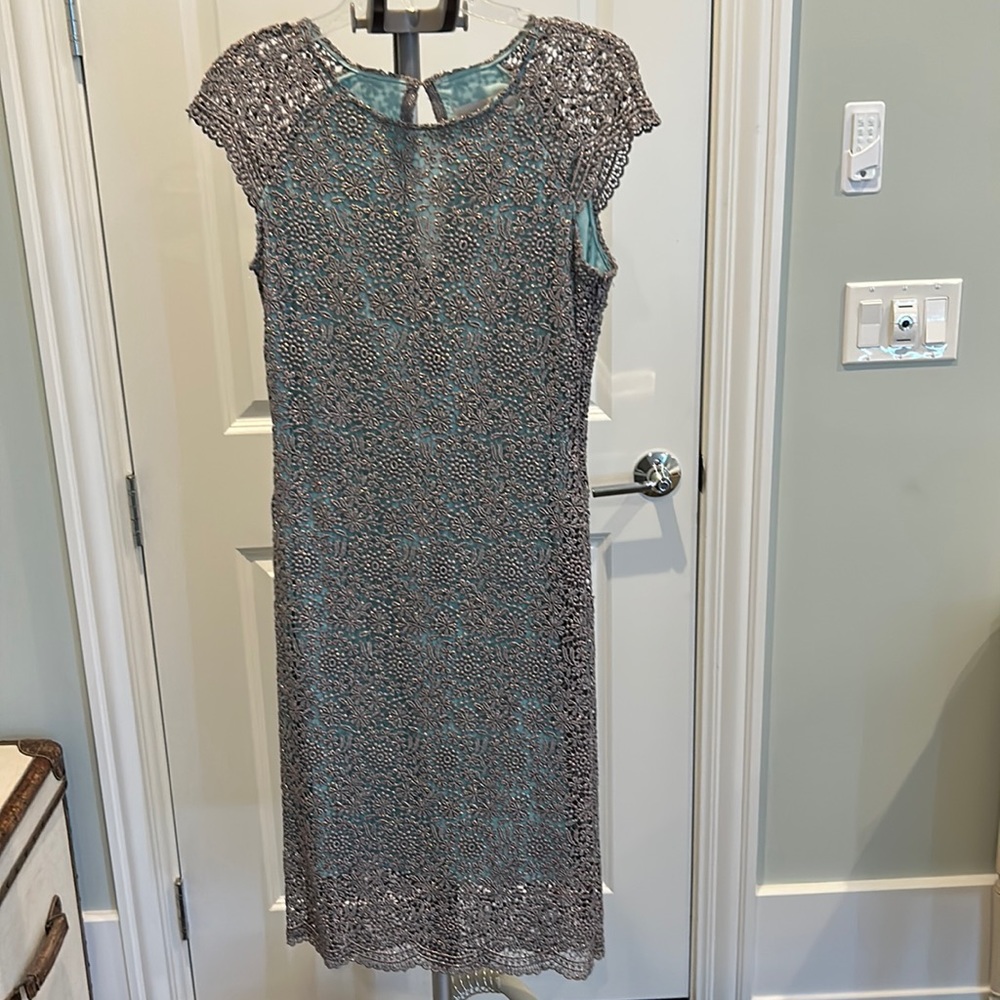Platinum crochet/soft teal cocktail dress by Mignon Doo (from BHLDN), sz 4